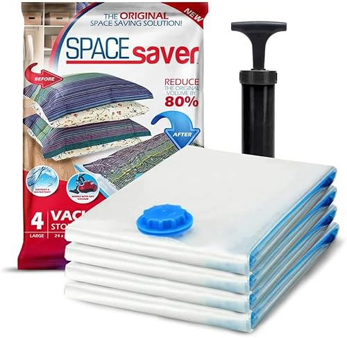 Spacesaver 4 Pack Jumbo Vacuum Storage Bags for Blankets & Clothes – Jumbo Vacuum Sealed Compression Bags with Hand Pump – Space Saver Storage Bags for Bedding, Moving, Travel & Organization