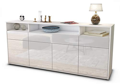 Stil.Zeit Sideboard Ezia, Korpus Weiss matt, Front Hochglanz Weiß (180x79x35cm) Push-to-Open Technik & Leichtlaufschienen