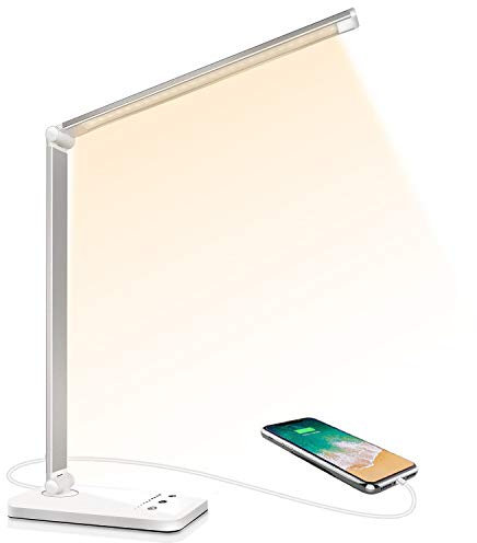 SLATOR Lampe de Bureau LED, Dimmable 5 Modes de Couleur 10 Niveaux de Luminosité, Flexible Contrôle Tactile Protection des Yeux,Lampe de chevet Avec Port USB et Fonction Minuterie