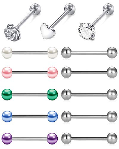 Crdifu 14G tungstänger bröstvårtsringar set 16 mm rostfritt stål rak skivstång tungpiercing smycken, Rostfritt stål, titanstål, metall, stål