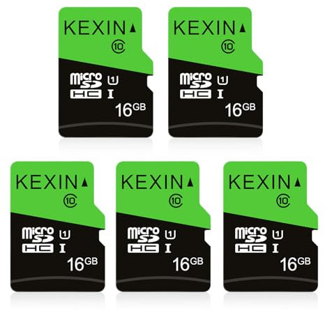 KEXIN 16GB X 5 Schede di Memoria MicroSDHC Micro SD Scheda Classe 10 UHS-1 Scheda MicroSD TF SD Card C10 U1 per Smartphone, Fotocamera, Tablet, Sistema di Sicurezza (Nero Verde)