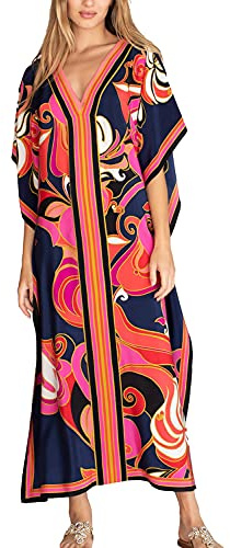 YouKD Lång kaftan, maxiklänning, boho, baddräkt, strand, täckande rock, en storlek, loungewear, B blå röd, En Storlek