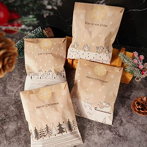 BETESSIN 100 Stücke Papiertüten Weihnachten Geschenktüten Kraftpapier Klein Candy Tüten Partytüten mit 108pcs Schneeflocke Geschenksticker für Weihnachten Adventskalender Geburtstag Hochzeit Party