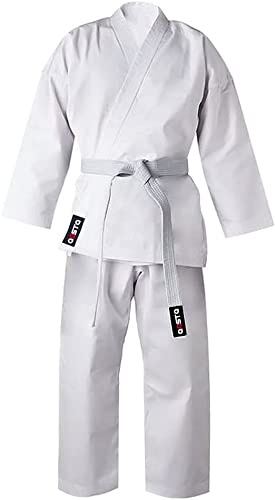 Aasta Karate Gi Suit Uniform Martial Arts Kit with white belt Polyester Cotton Blend, Light Weight, Judo Taekwondo karate suits for Men (White, 8/210)