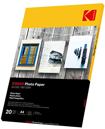 KODAK 20 Blatt x A4 Inkjet 180 g/m2 Fotopapier Hochglänzend, Sofort Trocken und Wasserfest - Speziell entwickelt für alle Tintenstrahl-/Inkjetdrucker - Keine Einzugsprobleme