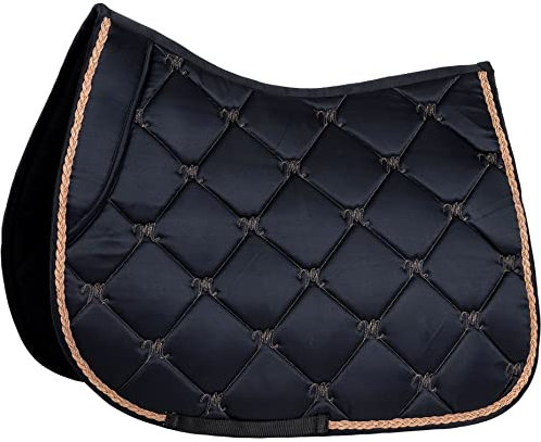 Marengos - Schabracke Sevilla | Vielseitigkeitsschabracke mit Schaumstoff-Füllung | Barockschabracke inkl. Zierkordel | schnell trocknend & atmungsaktiv | Warmblut Schabracke in schwarz/roségold