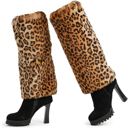 Nanxson Femmes Jambière Guêtres Fourrure Genouillères Chauffe-jambes Chaud Hiver pour Halloween Noël Nouvel An Fête (Léopard)