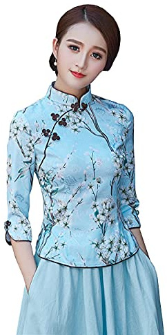 YLfly Women's Floral Brids Pattern Qipao Tops Mandarin Collar Chinese Shirt Blouse Tang Suit (Blue,12)