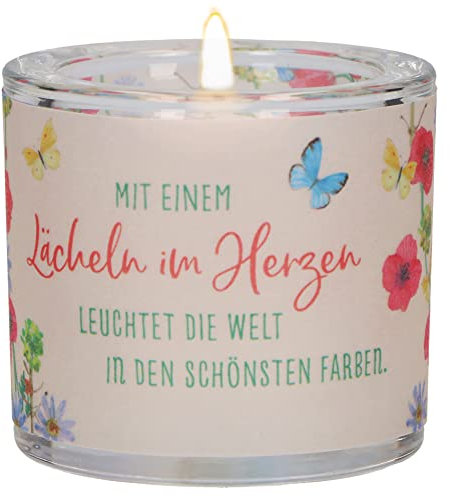 Butzon & Bercker Lichtmomente Windlicht Lächeln im Herzen - Teelichthalter mundgeblasen inkl. Teelicht und Geschenkverpackung - christliches Geschenk mit liebevollem Spruch