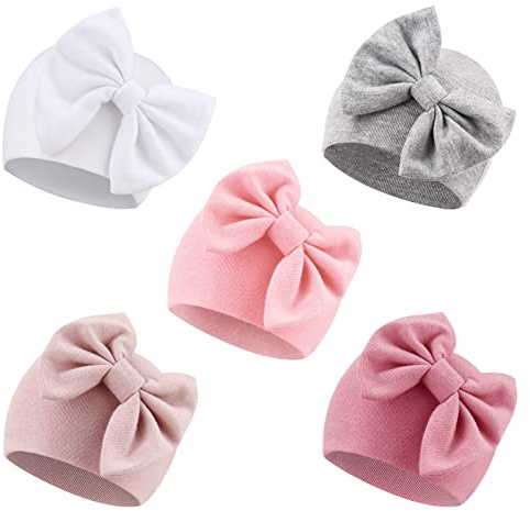 AQOKKA Newborn Baby Girl Hats with Bow Cotton Toddler Infant Beanie Cap Newborn Hospital Hats for Baby Girl Kid 0-6 Months