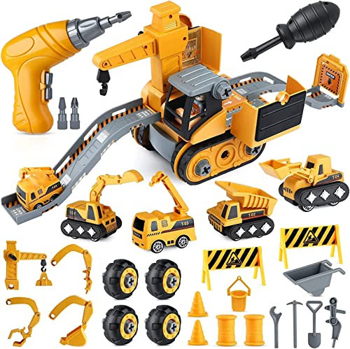 Yangers 4 in 1 DIY Take Apart Tractor, Construction Vehicles Track Set STEM Building Digger Excavators Crane Truck Toy Interactive Toys Christmas Birthday Gifts with Electric Drill for Toddlers Kids