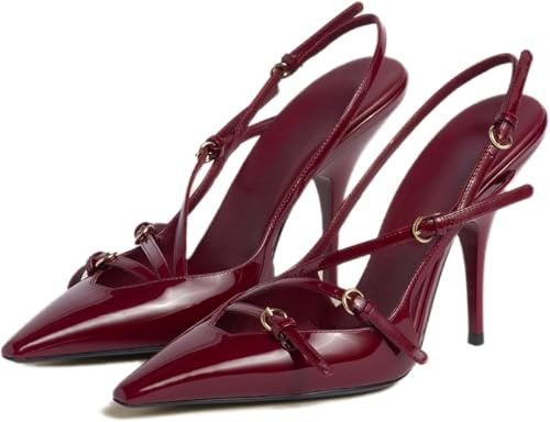 CORNMOOD Slingback Gattino Tacchi per le donne Tacchi a spillo Punta Punta con Cinturino Fibbia Sandali con Tacco Scarpe Sexy Striptease, Borgogna Alto, 41 EU