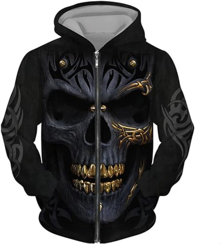 CJINSON Sudadera con capucha para hombre, diseño de calavera de ángel, estampado 3D, sudadera con capucha y cremallera completa, chaqueta casual, # 12, XXL
