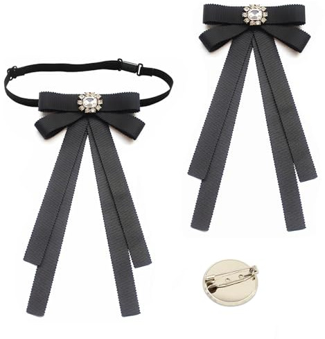 PIMXL 2 Pièces Noeud Papillon Femme, Broche Noeud de Chemise, Perle Noeud Brooch Bowknot Broche Noeud, Soirée Cérémonie Cosplay Clip Réglable Rubans Uniforme Écolière Cravate, Noir