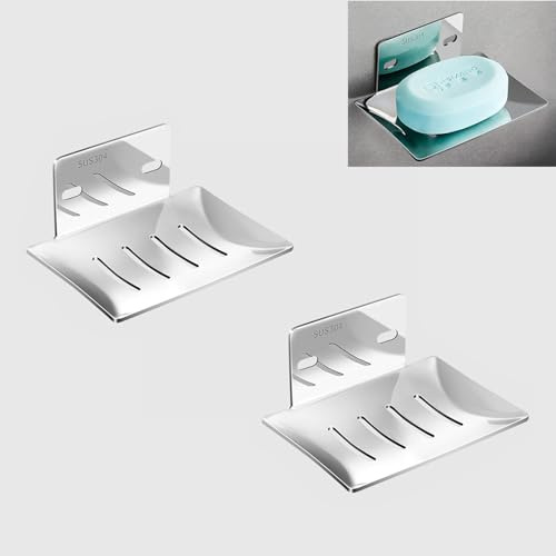 2 jaboneras para ducha, sin taladrar, de acero inoxidable 304, jabonera con desagüe, jabonera para el baño, la cocina (plata brillante)