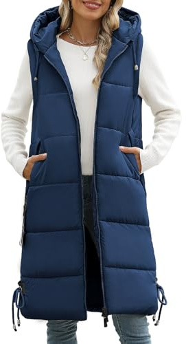 Vancavoo Chaleco Acolchado Mujer Invierno Largo Chaqueta sin Mangas Chaleco de Plumas Chaquetas con Capucha Abrigo de Cálidos on Bolsillos(Azul tibetano,S)