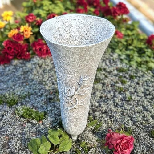eberin · Friedhof Grabvase · Grabblumenvase in massiver Steinoptik · Steckvase fürs Grab · Blumen- oder Gesteckvase · Grabvase mit Rose · grau antik ·