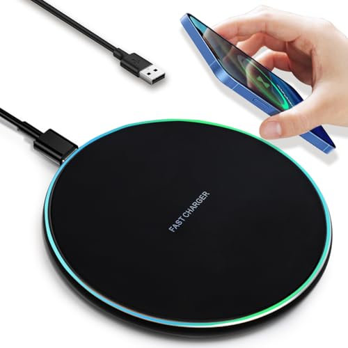 IOUGDSEC Cargador inalámbrico con luz indicadora, almohadilla de carga inalámbrica rápida con cable USB-C, certificado Qi de 15 W máximo, compatible con iPhone 15/14/13/12/XS AirPods, Samsung Galaxy