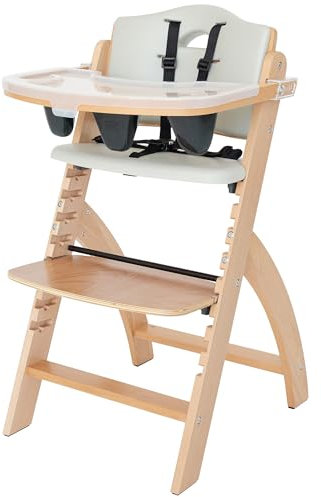 Abiie Beyond Junior Wooden High Chair with Tray - Adjustable and Convertible High Chair for Babies and Toddlers - 6 Months to 250 Lb - Water Resistant - Natural Wood with Dove Grey Cushion