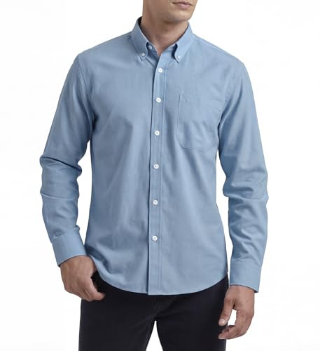 HISDERN Camicia Oxford da uomo, casual, a maniche lunghe, tinta unita, con bottoni, con tasca, vestibilità regolare, Blu foschia, L