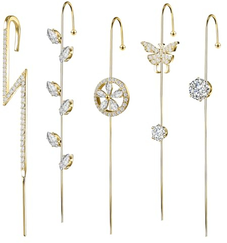 AccGin Trendy Pierced Ear Crawler Earrings for Women Gold & Silver Snowflake Rhinestone Helix Hook Set Fashionista Jewelry with Secure Ear Plug Fixer for Daily & Evening Outfits, 5cm x 5cm x 0.5cm