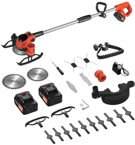 Desbrozadora Bateria Sin Cable, Desbrozadora Electrica Multifuncion, Cortabordes Bateria, con 4 Cuchillas, Adecuado para Desmalezar en Exteriores y Jardines