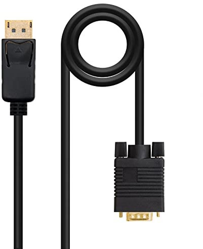 DisplayPort to VGA converter cable with male connectors on both ends, black, 1 meter length, ideal for connecting devices with DP output to displays with VGA input.