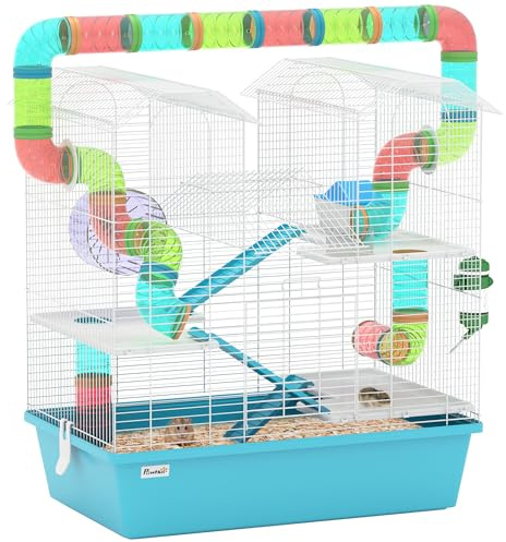 PawHut 4 Tier Hamster Cage with Tube, Exercise Wheel, Hut, Water Bottle, Food Dish, Ramps, DIY Design, Large Hamster Cage for Dwarf, Light Blue