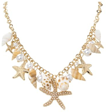 Boho Starfish Necklace for Women Adjustable Natural Conch Pearl Seashell Choker Tropical Layered Shell Necklaces Ocean-Themed Beach Summer Jewelry (Gold Necklace)