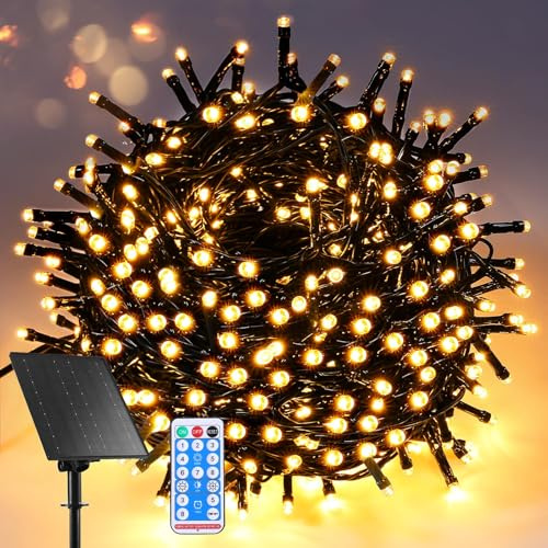 GlobaLink Luces Solares Exterior, Guirnaldas Luces Exterior Solar 10M 100LED,Cadena Luces Solar Impermeable 8 Modos,Función de Memoria Control Remoto para Decoración Casa Patio Jardín-Blanco Cálido
