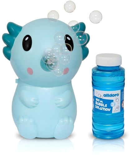 alldoro Axolotl 60618 - Máquina de Burbujas para niños a Partir de 3 años, Incluye 100 ml de líquido de Burbujas, 11 x 9 x 14 cm, Color Turquesa