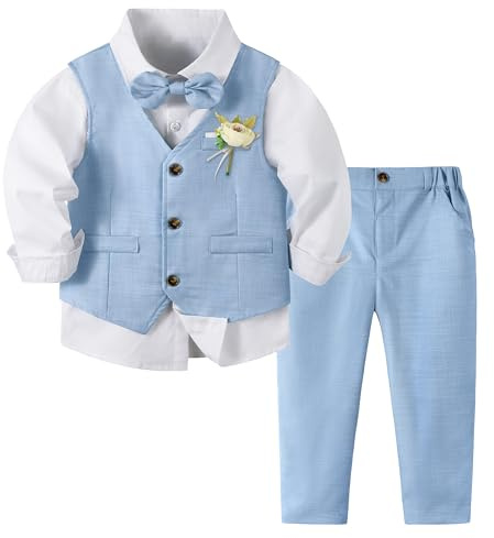 Volunboy Baby Boys 4-Piece Formal Suit, Toddler Waistcoat Wedding Party Birthday Dress Gentleman Suit(Tag Size 90,18-24 Months,Blue