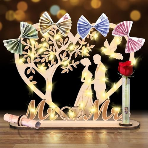 Okeywork Cadeau d'anniversaire de Mariage en Bois, Carte de Félicitations, Livre de Messages, Cadeau de Mariage Personnalisé, avec Lampe LED Féerique, Décoration Arbre de Vie