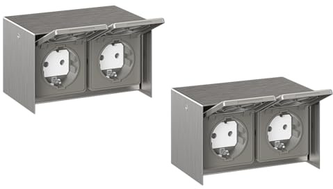 ledscom.de 2 pièces prise de courant apparente STEDDA, IP44, acier inoxydable - prise murale résistante aux intempéries, acier inoxydable, horizontale, avec 2 prises de courant pour le jardin, la