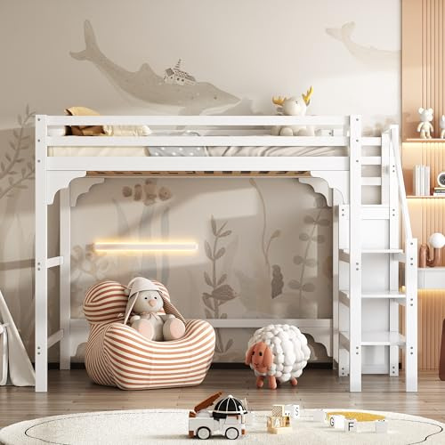 HUQIQWE Mezzanine-säng 140 x 200 med trappförvaring, säng i furu, inbyggd garderob, sängbotten innehåller 15 lameller, öppet lågt utrymme, belastning 120 kg, för studio
