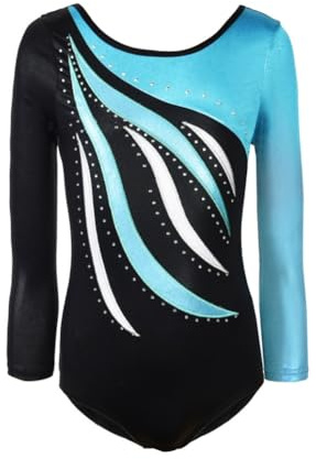 MORESAVE Leotardos de gimnasia para niñas, leotardo de manga larga con bordado brillante brillante, leotardos de gimnasia y ballet para niños, trajes de práctica de una pieza, azul, 9-10 Años