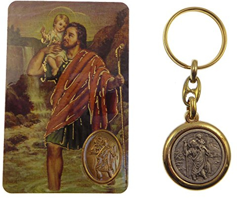 C bc St. Christopher brass and silver keyring with The Motorist's prayer card