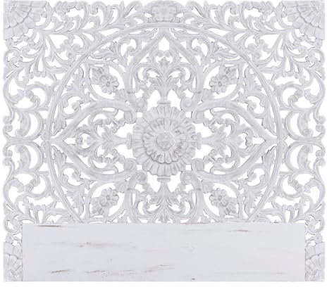 Menzzo Testiera per letto in legno intagliato, contemporanea, con modanature floreali per decorare la tua parete, Bianco, 160 x 3.5 x 140 cm (LxPxH)