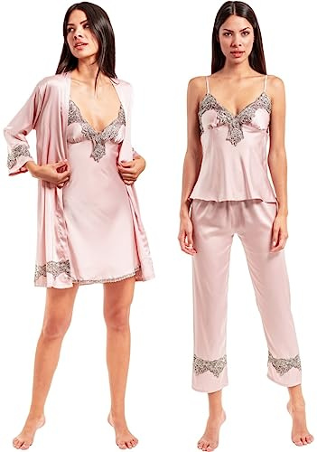 Laura in - Conjunto de Pijama de Satén para Mujer, 5 Piezas con Encaje. Incluye Bata, Camisón y Pantalón. Ropa de Dormir de Seda Sintética, Suave, Elegante y Sedosa-1102RosaXL