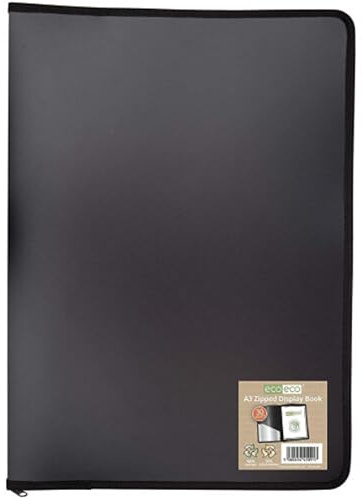 eco-eco Eco091 - Cuaderno de presentación con cremallera de 30 bolsillos, 50% reciclado, color negro