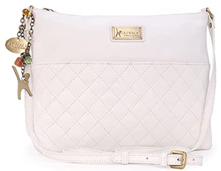 Catwalk Collection Handbags - Bolso Bandolera de Piel Acolchado - Bolsito Cruzado Mujer - Bolso de Mano Mediano - Correa Ajustable - Sadie - Blanco