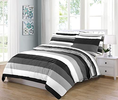 MK Home Textile Stripe Duvet Cover Set, 100% Cotton Rich 200 Thread Count Soft Reversible Quilt Covers White | Red | Black | Grey Bedding Sets Double King Super King Size (Grey Stripe, Double)