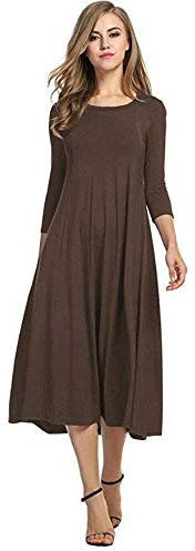 Womens Ladies Plain Jersey Swing Dress Casual Long Sleeve Midi Dress Skater UK Size (Brown, 16-18)