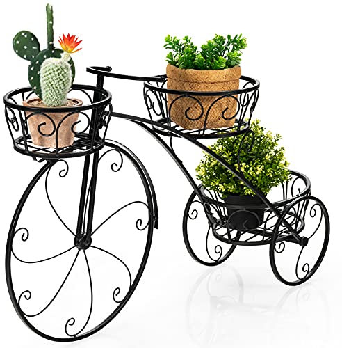 RELAX4LIFE Blumenständer Metall, Pflanzenregal Fahrrad Form, Pflanzenständer mit 3 Körben, Blumenregal mit 3 Ebenen, Blumentopf Ständer für Garten Balkon Innen Außen, Schwarz