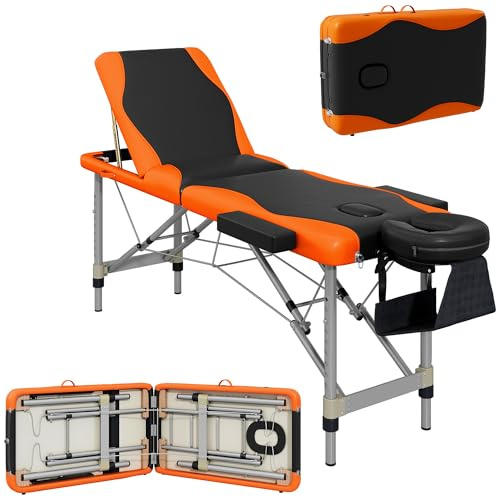 HOMCOM Foldable Massage Bed Portable Table 3-Section Black and Orange | Aluminium Foldable Beauty Couch, Professional Salon Spa Table, Headrest Support, 60 cm Width, Carry Bag