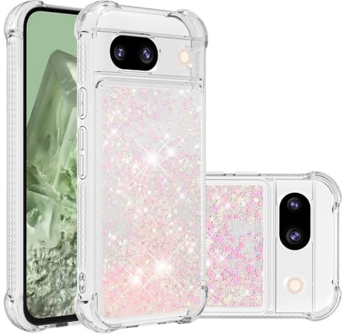 IMIRST telefonfodral kompatibelt med Google Pixel 8a Bling flytande glitter silikonskal stötsäkert Kawaii airbag skyddande fodral för Google Pixel 8a. YBW Stjärna Rosa