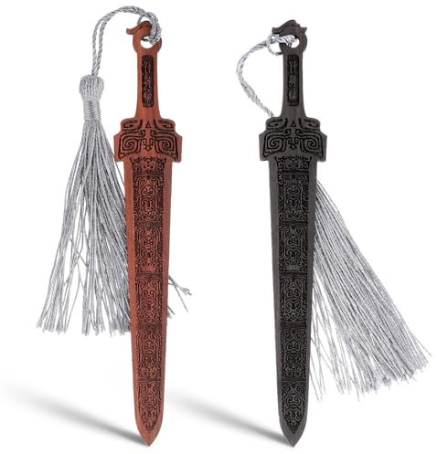 JIEYAO 2pcs Marque Pages En Bois En Forme D'Épée, Marque-Page En Bois Vintage Avec Pompon Marqueurs De Page De Lecture Faits À La Main Marque-Pages Pour Homme Les Amateurs De Livres