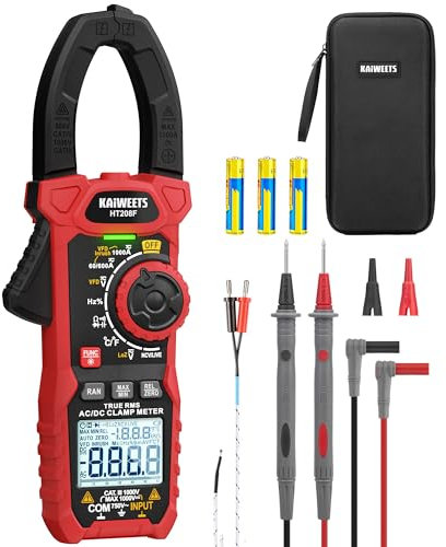 Pinza Amperimétrica KAIWEETS 1000A CA/CC, Pinza Amperimetrica De Conteo HT208F 6000, Modo Vfd y Loz, Pantalla Mejorada en Blanco y Negro, AC/DC, Resistencia, Capacitancia, Medición De Sobrecorriente