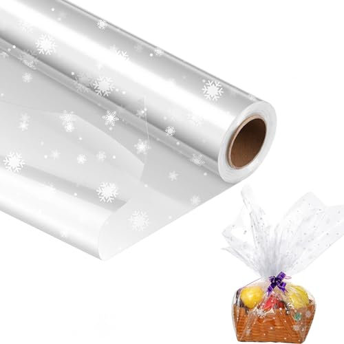 40 CM x 30 M Klare Cellophan Rolle, 2,5 Mil Transparente Zellophanrolle, Geschenkpapier, Für Blume, Geschenk baskt Verpackung (Schneeflockenmuster)