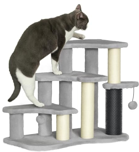 PawHut Cat Tree 2 in 1 Pet Stairs withScratching Tickling Post, Light Grey